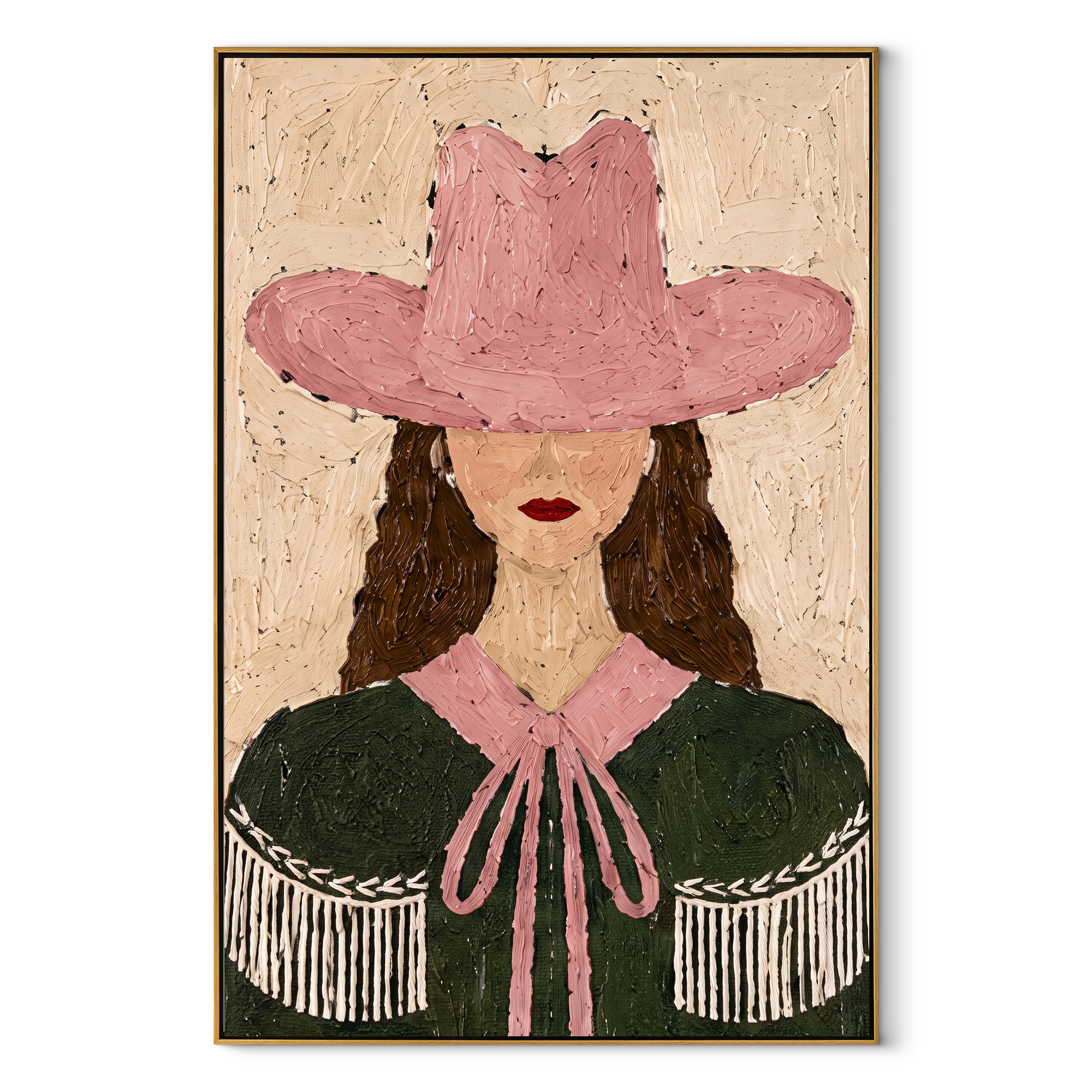 Rose Hat Guards Curls - green cape cowgirl painting by Elliot Vale, modern figurative vertical wall art - framed artwork on white background