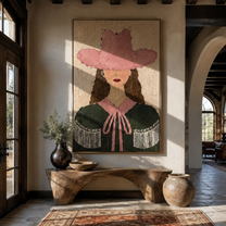 Rose Hat Guards Curls - green cape cowgirl painting by Elliot Vale, modern figurative vertical wall art - styled room scene view 2