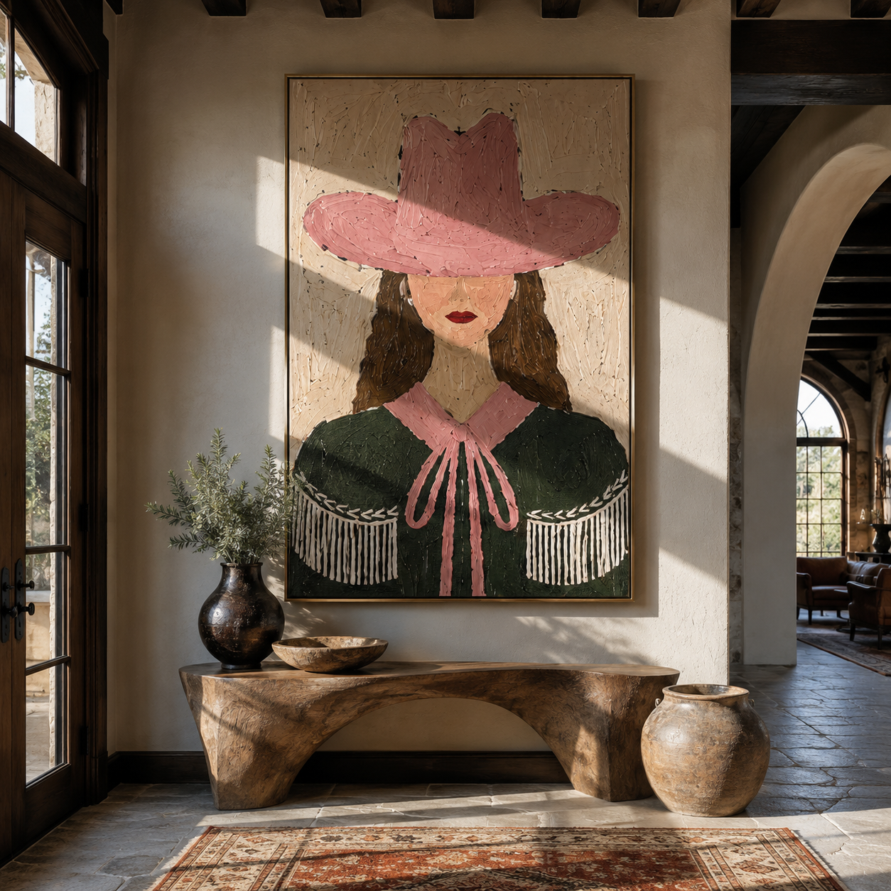 Rose Hat Guards Curls - green cape cowgirl painting by Elliot Vale, modern figurative vertical wall art - styled room scene view 2
