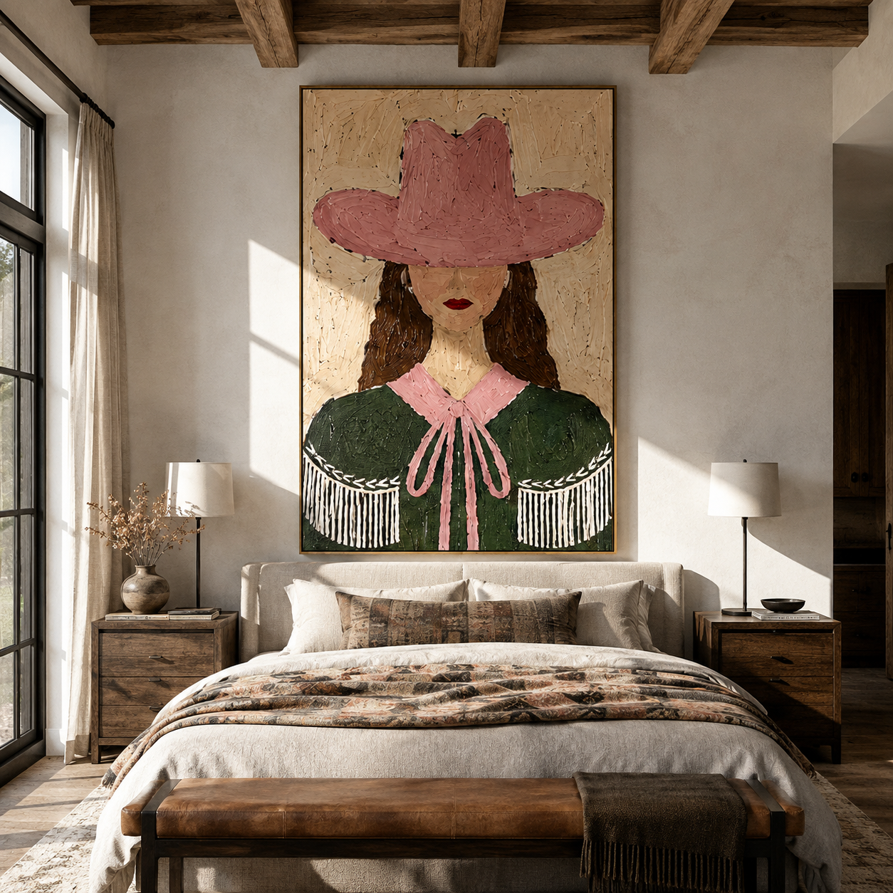 Rose Hat Guards Curls - green cape cowgirl painting by Elliot Vale, modern figurative vertical wall art - styled room scene view 3