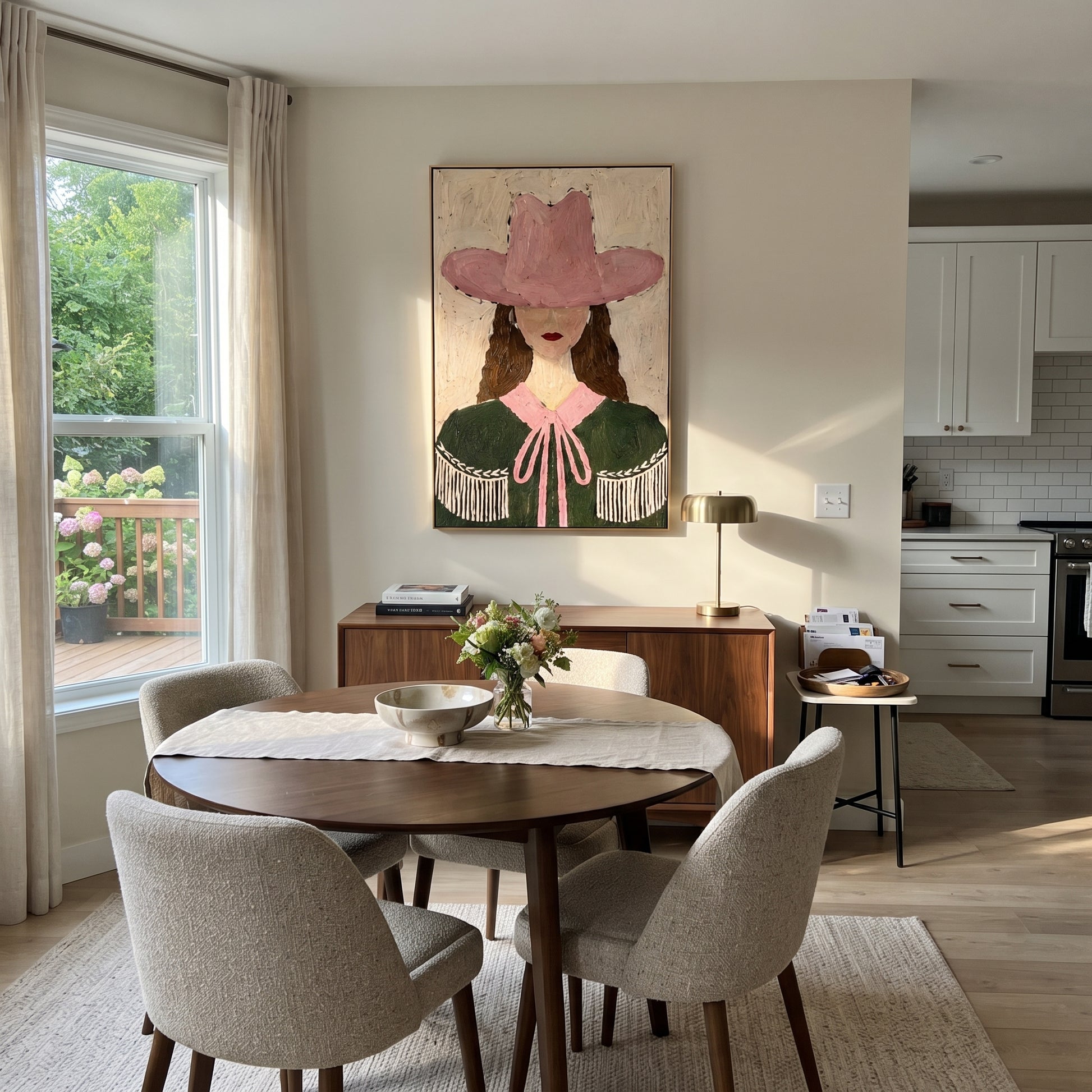 Rose Hat Guards Curls - green cape cowgirl painting by Elliot Vale, modern figurative vertical wall art - styled room scene view 4