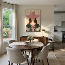 Rose Hat Guards Curls - green cape cowgirl painting by Elliot Vale, modern figurative vertical wall art - styled room scene view 4
