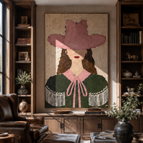 Rose Hat Guards Curls - green cape cowgirl painting by Elliot Vale, modern figurative vertical wall art - styled room scene view 5