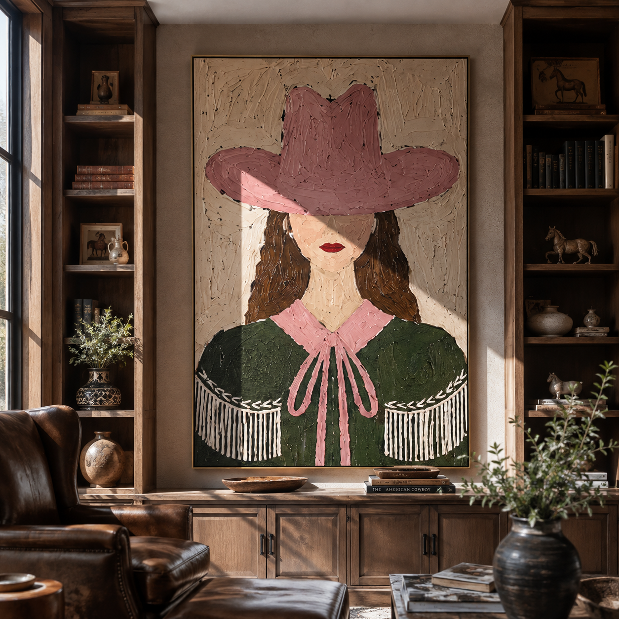 Rose Hat Guards Curls - green cape cowgirl painting by Elliot Vale, modern figurative vertical wall art - styled room scene view 5