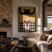 Navy Horns Crown Checks - diamond western portrait painting by Elliot Vale, modern figurative vertical wall art - styled room scene view 1