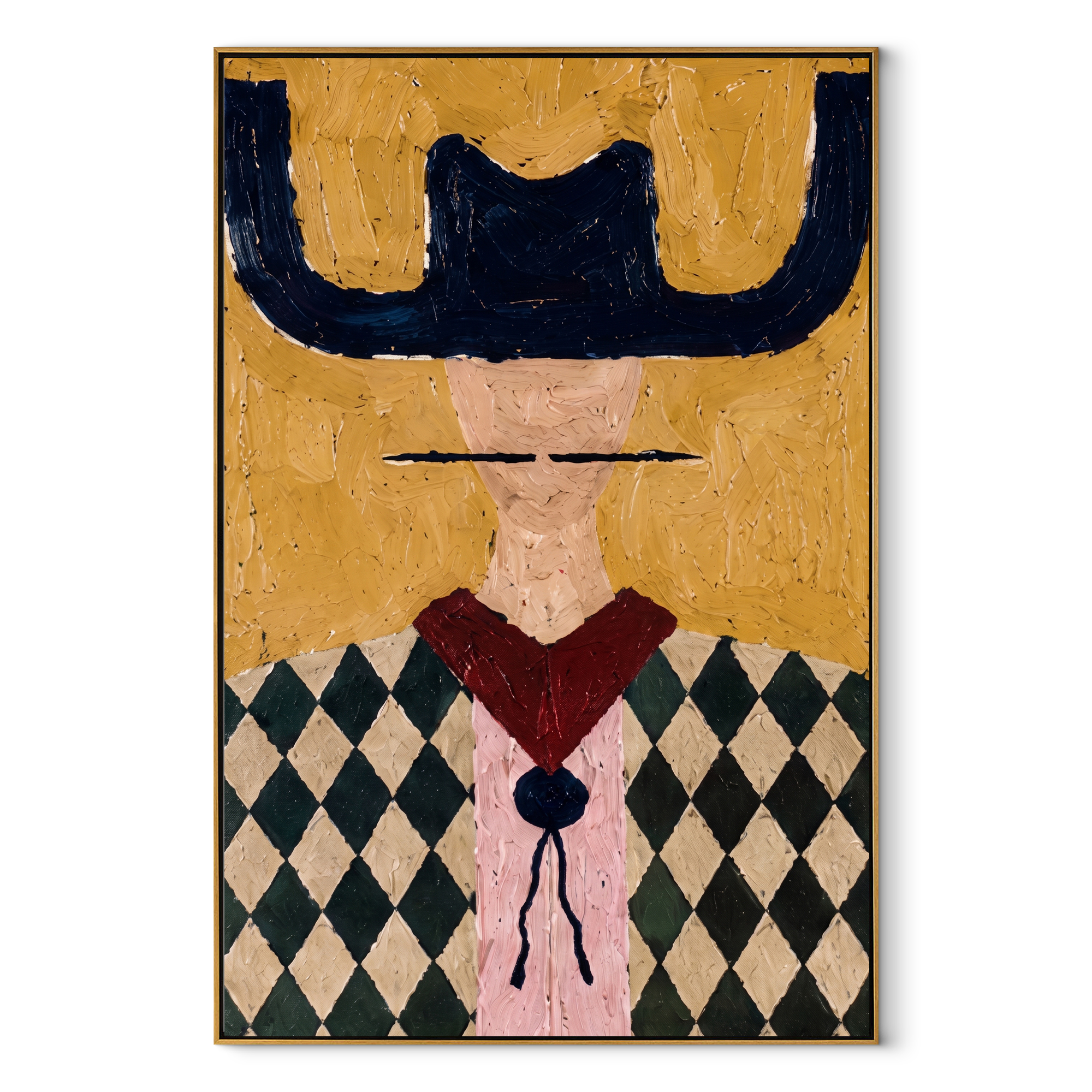 Navy Horns Crown Checks - diamond western portrait painting by Elliot Vale, modern figurative vertical wall art - framed artwork on white background