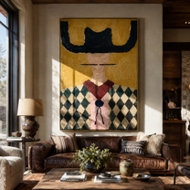 Navy Horns Crown Checks - diamond western portrait painting by Elliot Vale, modern figurative vertical wall art - styled room scene view 2