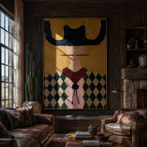 Navy Horns Crown Checks - diamond western portrait painting by Elliot Vale, modern figurative vertical wall art - styled room scene view 3
