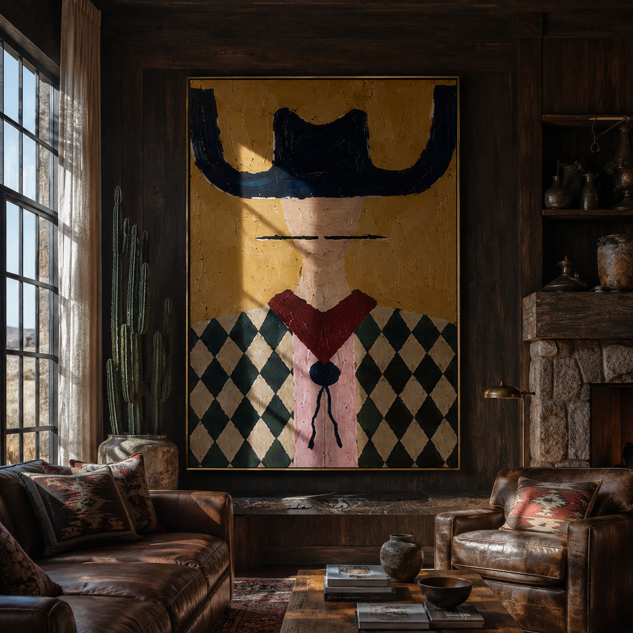 Navy Horns Crown Checks - diamond western portrait painting by Elliot Vale, modern figurative vertical wall art - styled room scene view 3