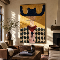 Navy Horns Crown Checks - diamond western portrait painting by Elliot Vale, modern figurative vertical wall art - styled room scene view 4