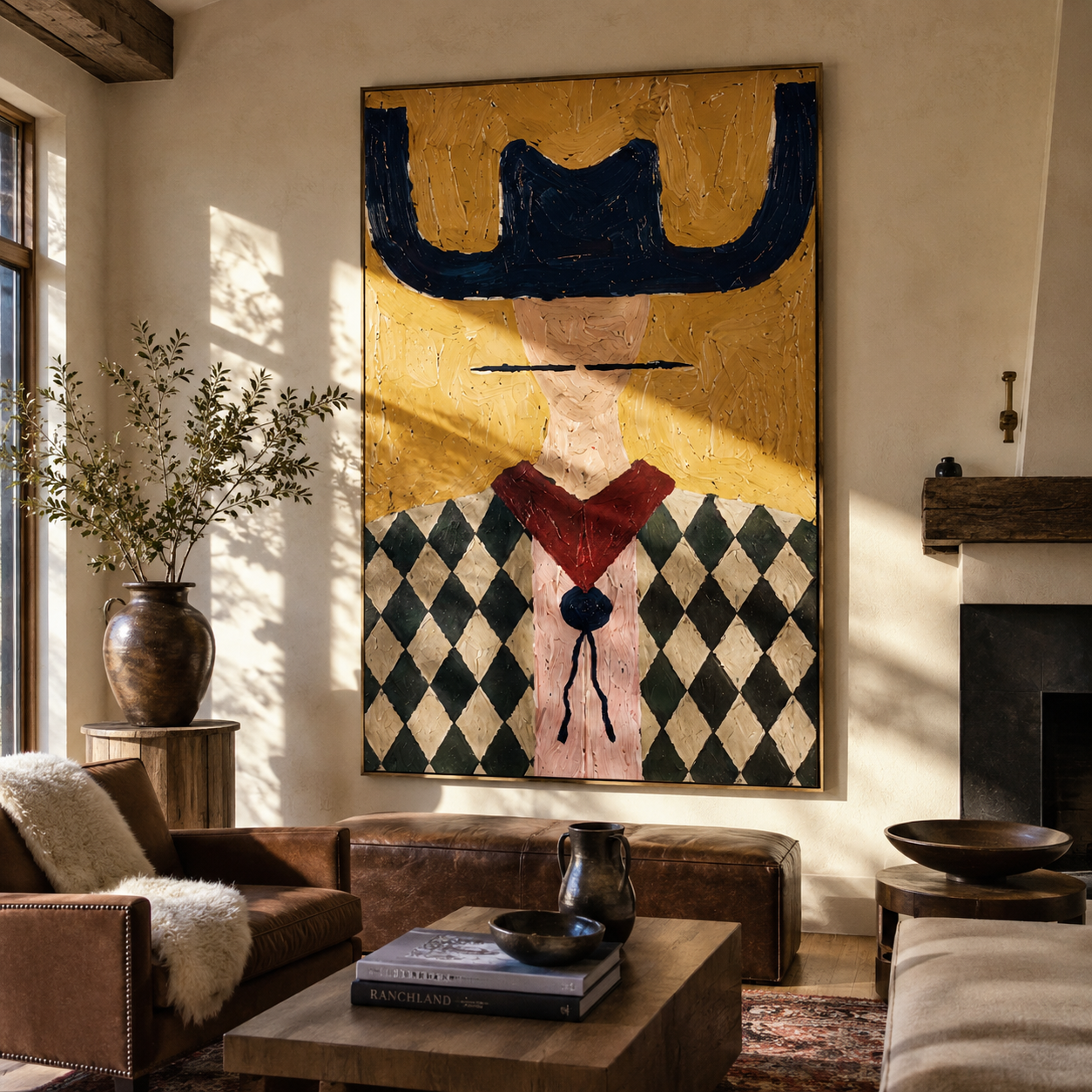 Navy Horns Crown Checks - diamond western portrait painting by Elliot Vale, modern figurative vertical wall art - styled room scene view 4