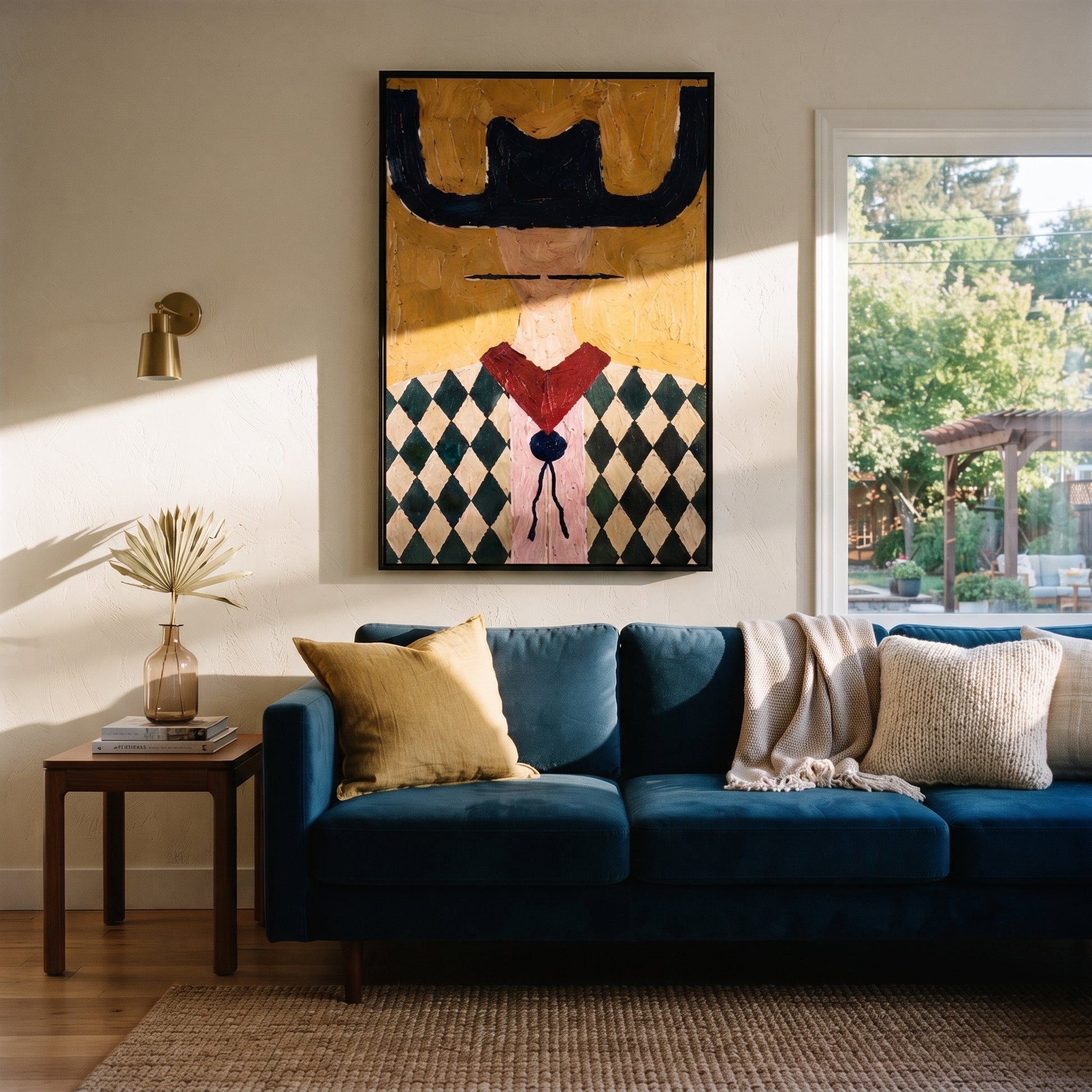 Navy Horns Crown Checks - diamond western portrait painting by Elliot Vale, modern figurative vertical wall art - styled room scene view 5