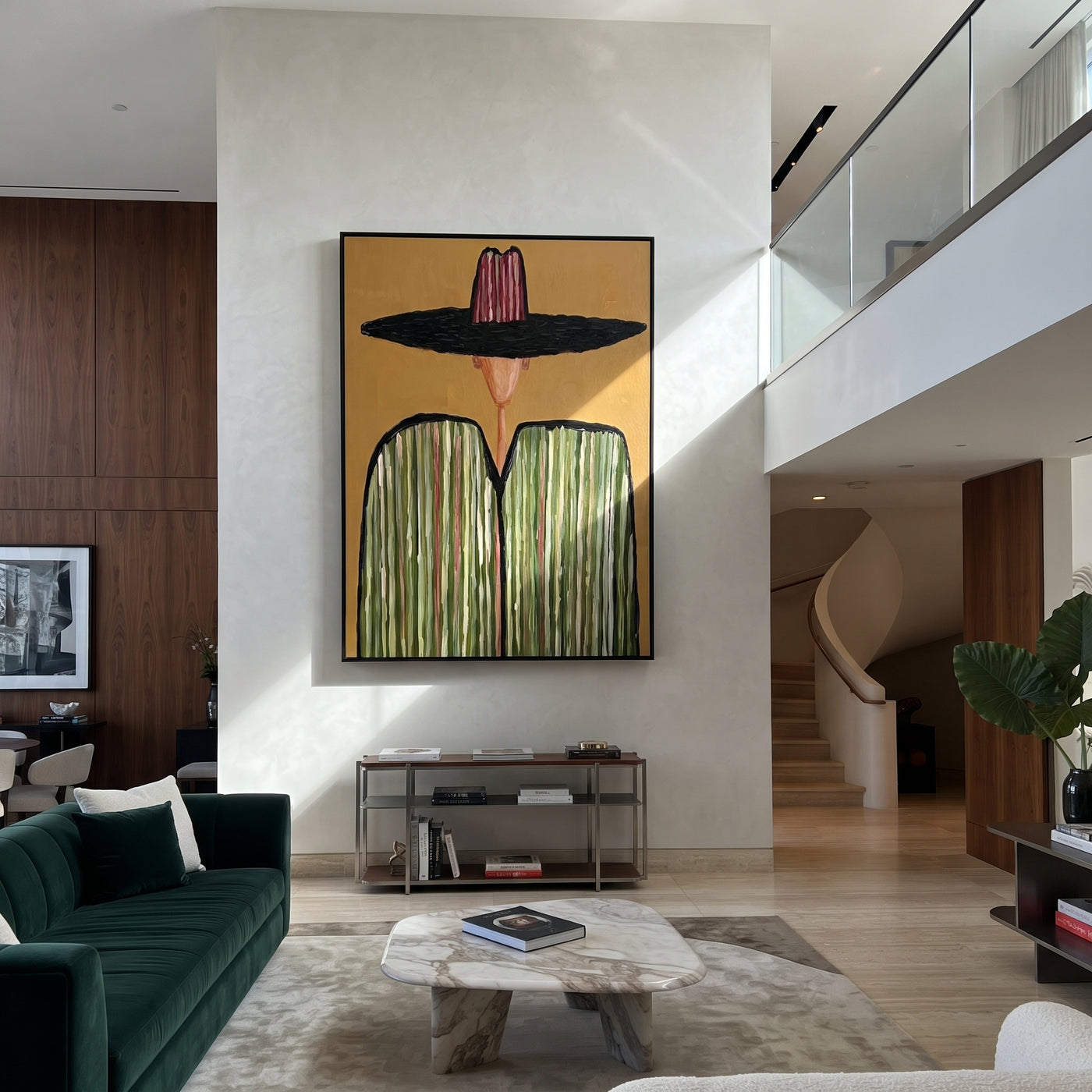 Black Brim Meets Green - green striped sombrero painting by Elliot Vale, modern figurative vertical wall art - styled room scene view 1