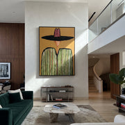 Black Brim Meets Green - green striped sombrero painting by Elliot Vale, modern figurative vertical wall art - styled room scene view 1