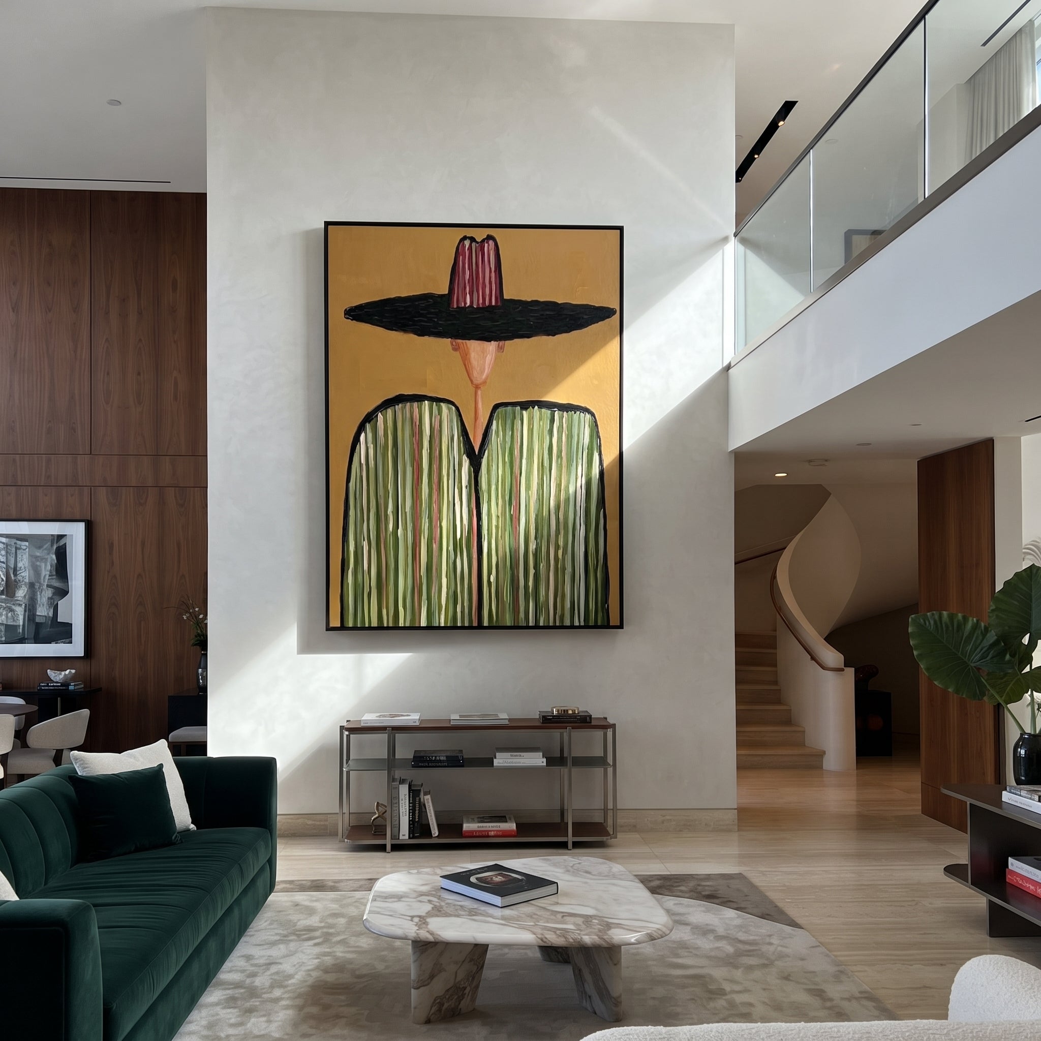 Black Brim Meets Green - green striped sombrero painting by Elliot Vale, modern figurative vertical wall art - styled room scene view 1