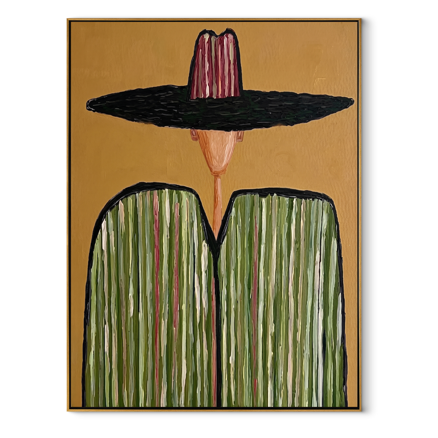 Black Brim Meets Green - green striped sombrero painting by Elliot Vale, modern figurative vertical wall art - framed artwork on white background