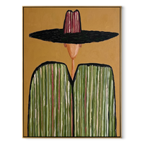 Black Brim Meets Green - green striped sombrero painting by Elliot Vale, modern figurative vertical wall art - framed artwork on white background