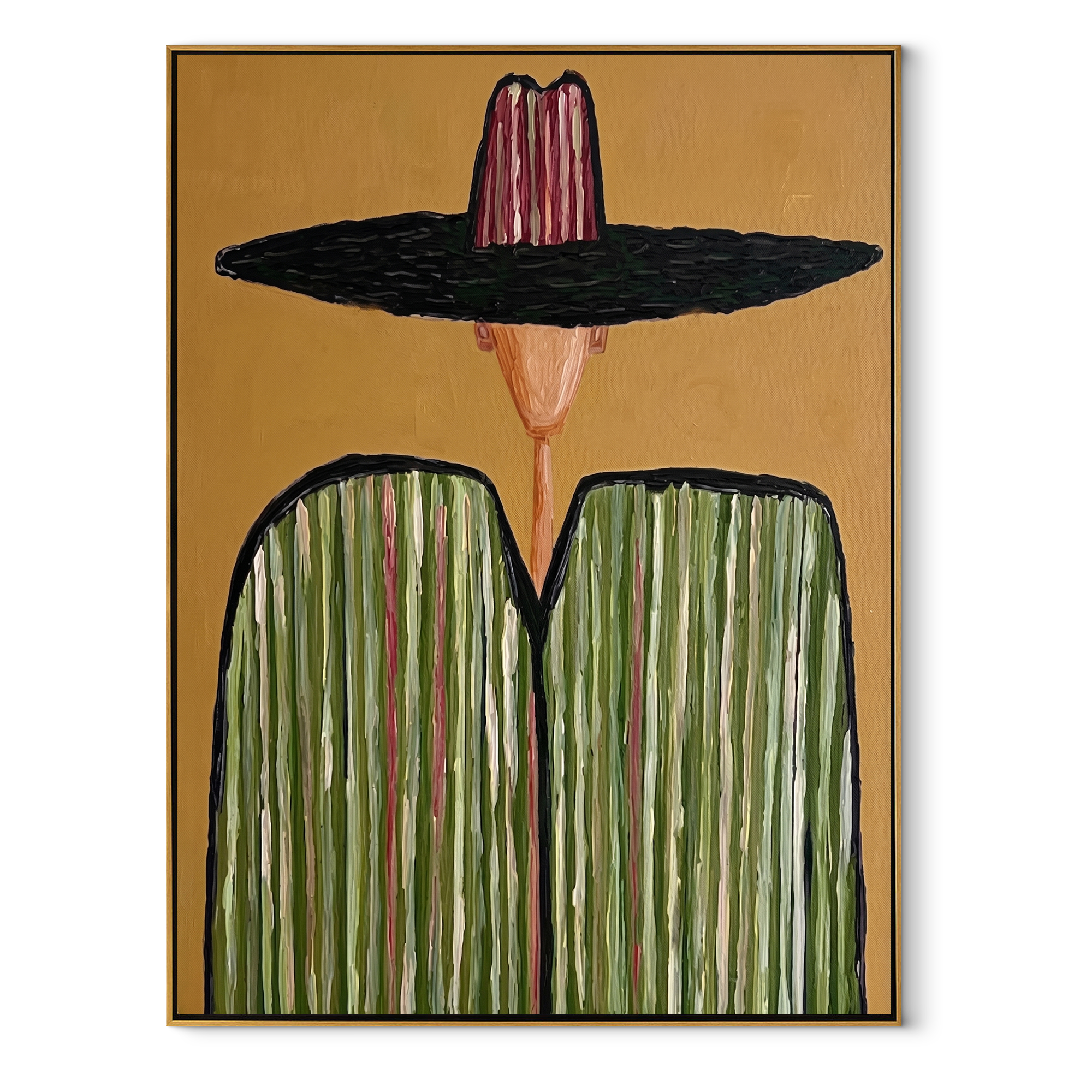 Black Brim Meets Green - green striped sombrero painting by Elliot Vale, modern figurative vertical wall art - framed artwork on white background