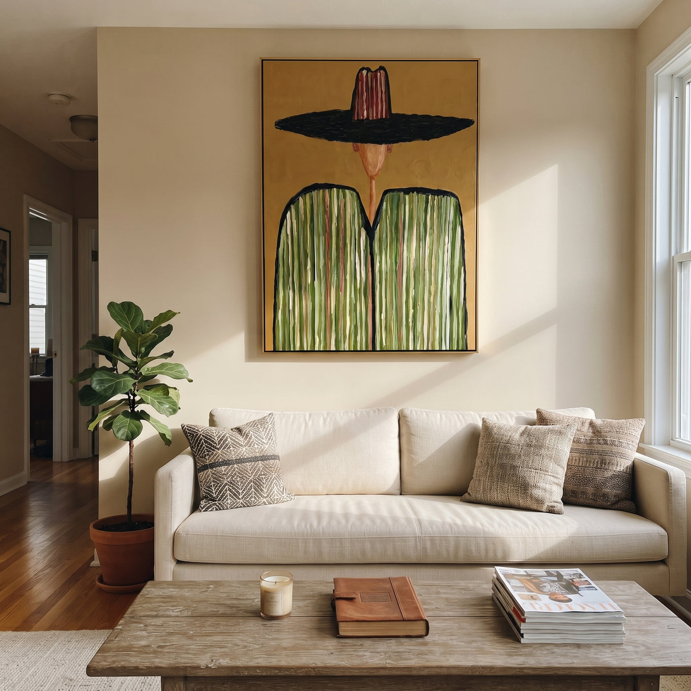 Black Brim Meets Green - green striped sombrero painting by Elliot Vale, modern figurative vertical wall art - styled room scene view 2