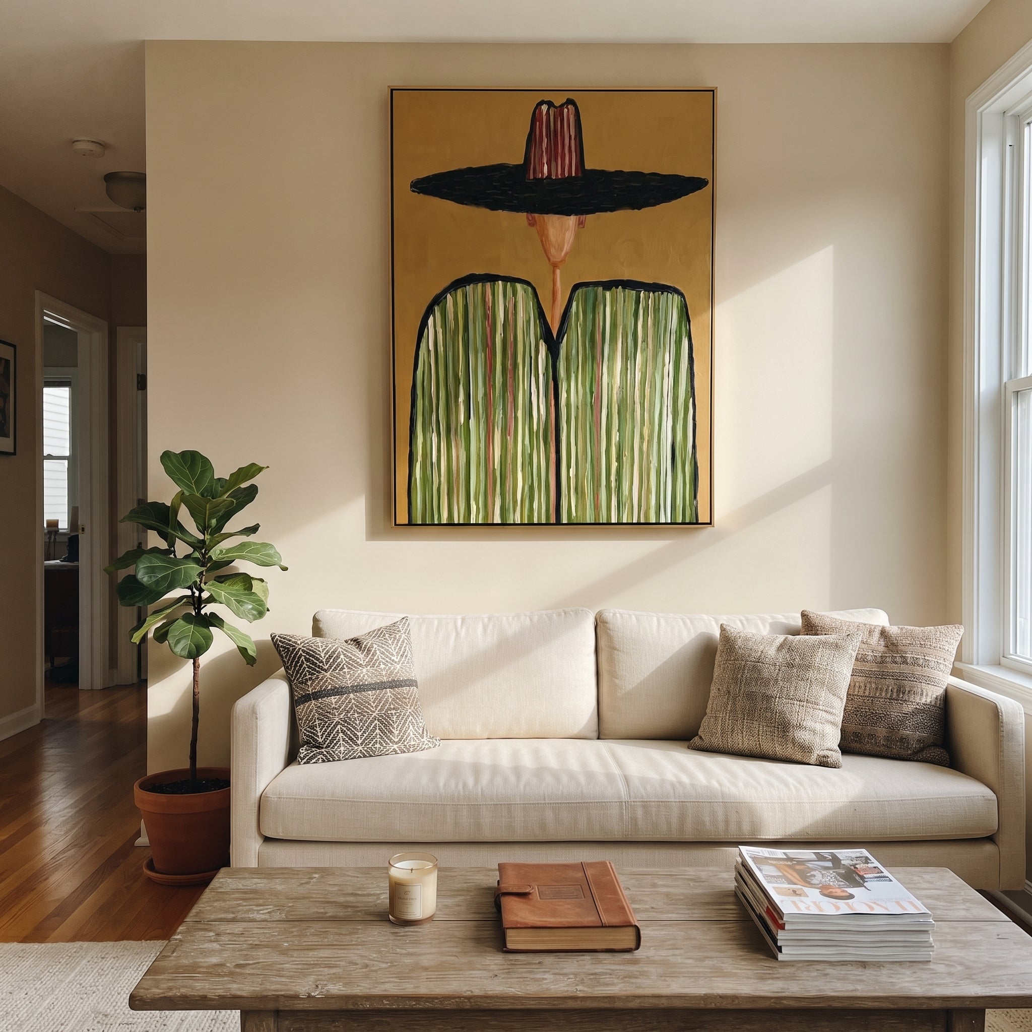 Black Brim Meets Green - green striped sombrero painting by Elliot Vale, modern figurative vertical wall art - styled room scene view 2