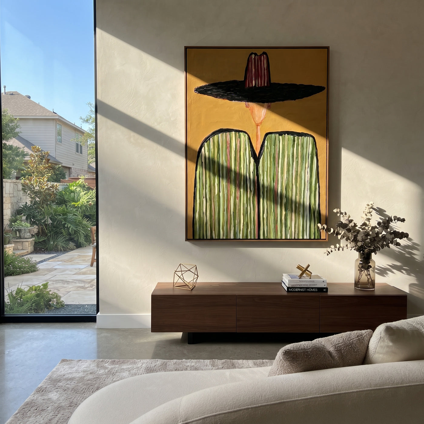Black Brim Meets Green - green striped sombrero painting by Elliot Vale, modern figurative vertical wall art - styled room scene view 3