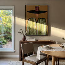 Black Brim Meets Green - green striped sombrero painting by Elliot Vale, modern figurative vertical wall art - styled room scene view 4