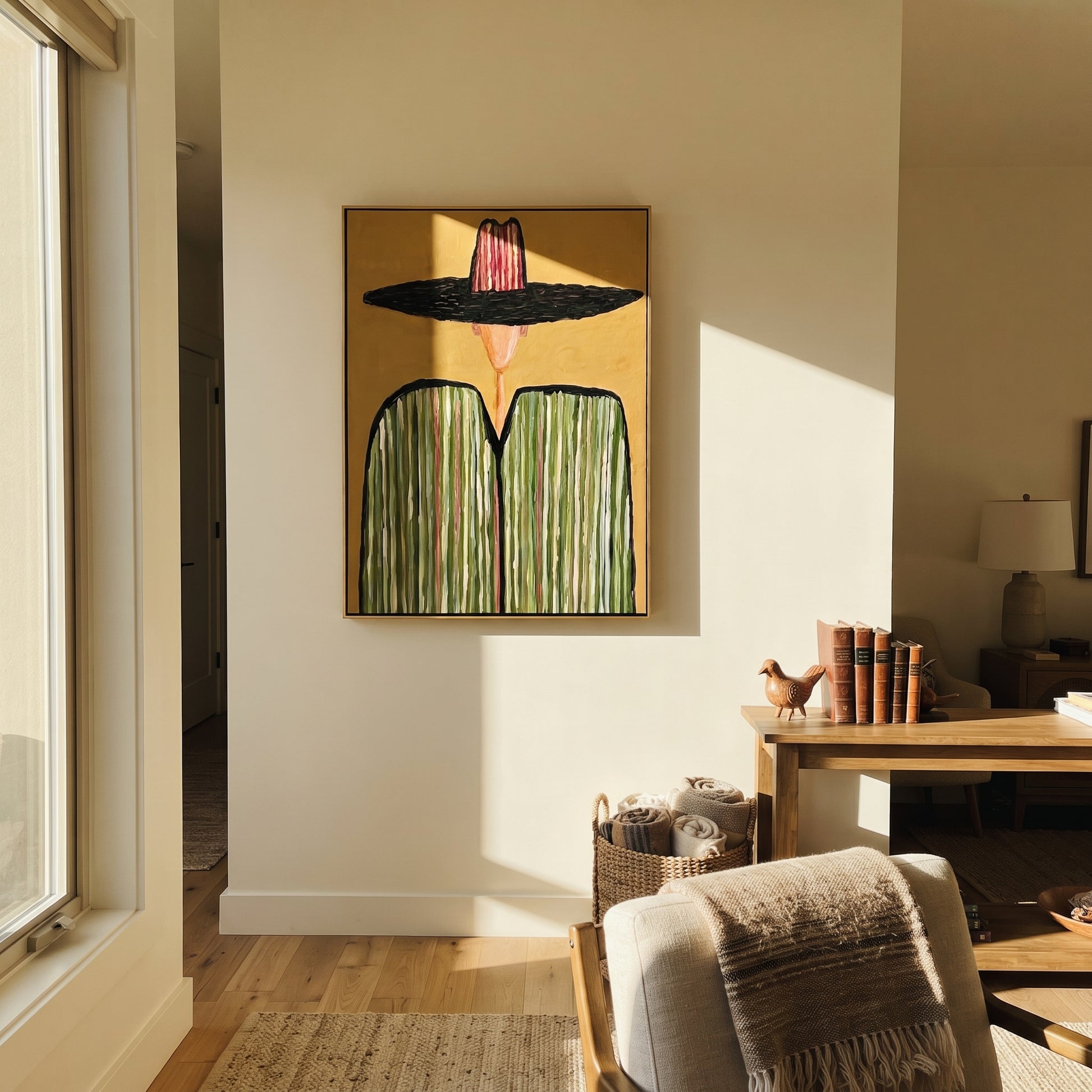 Black Brim Meets Green - green striped sombrero painting by Elliot Vale, modern figurative vertical wall art - styled room scene view 5