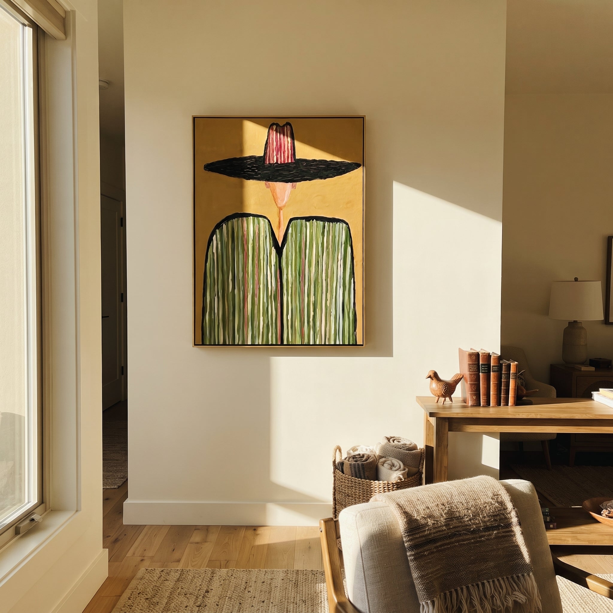 Black Brim Meets Green - green striped sombrero painting by Elliot Vale, modern figurative vertical wall art - styled room scene view 5