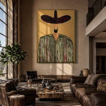 Wine Brim Guards Grain - textured striped sombrero painting by Elliot Vale, modern figurative vertical wall art - styled room scene view 1