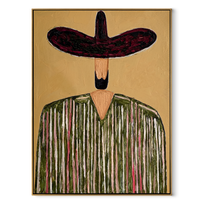 Wine Brim Guards Grain - textured striped sombrero painting by Elliot Vale, modern figurative vertical wall art - framed artwork on white background