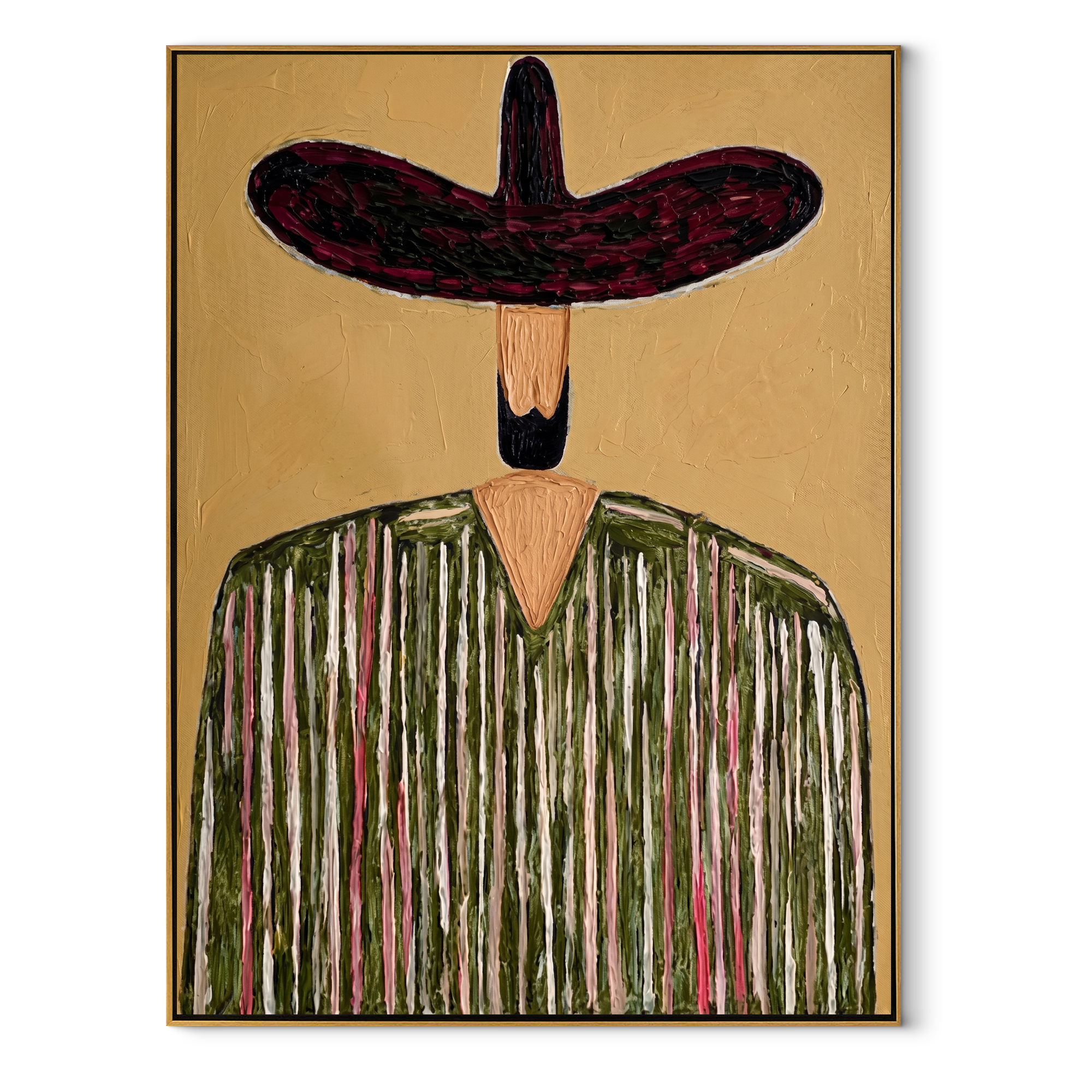 Wine Brim Guards Grain - textured striped sombrero painting by Elliot Vale, modern figurative vertical wall art - framed artwork on white background