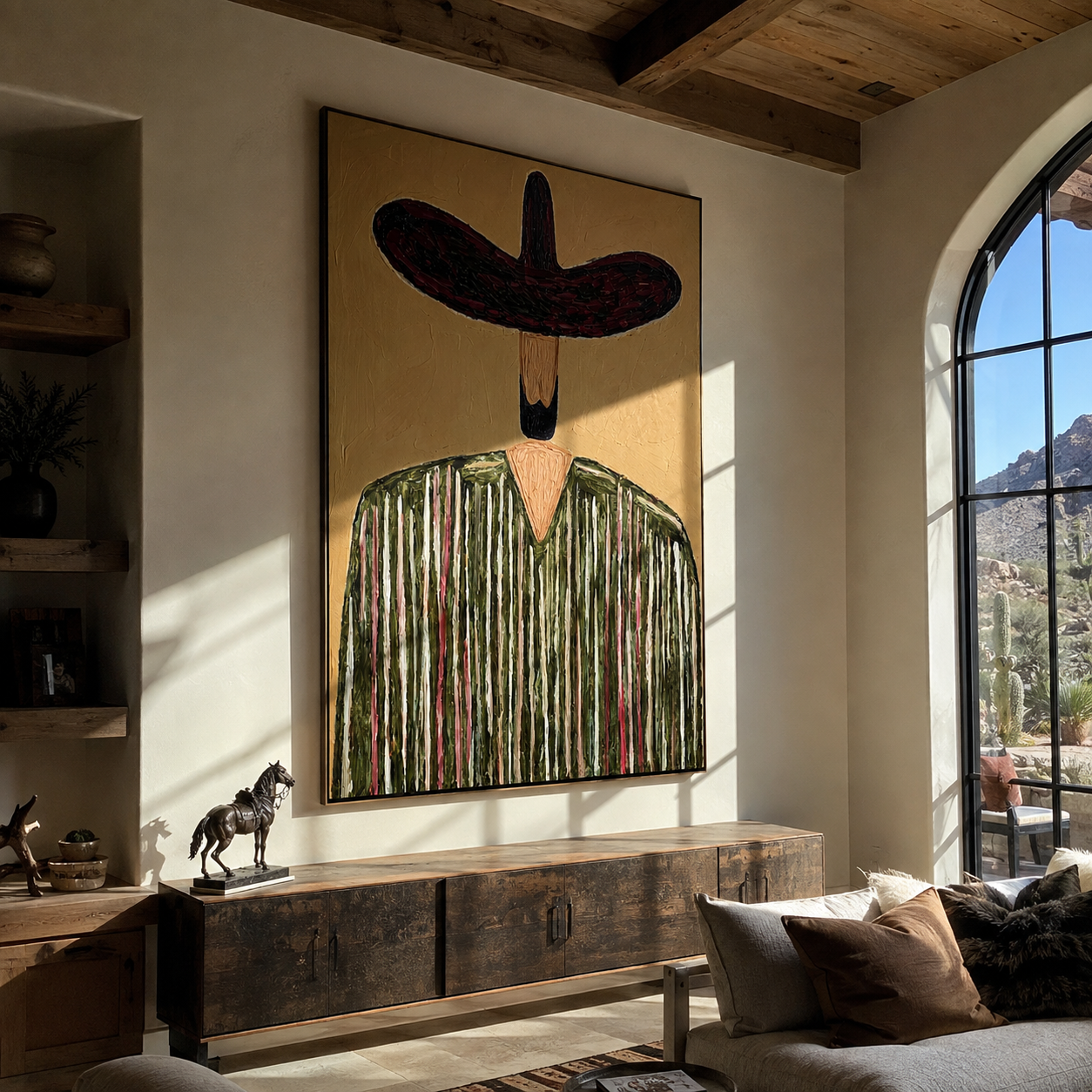 Wine Brim Guards Grain - textured striped sombrero painting by Elliot Vale, modern figurative vertical wall art - styled room scene view 2