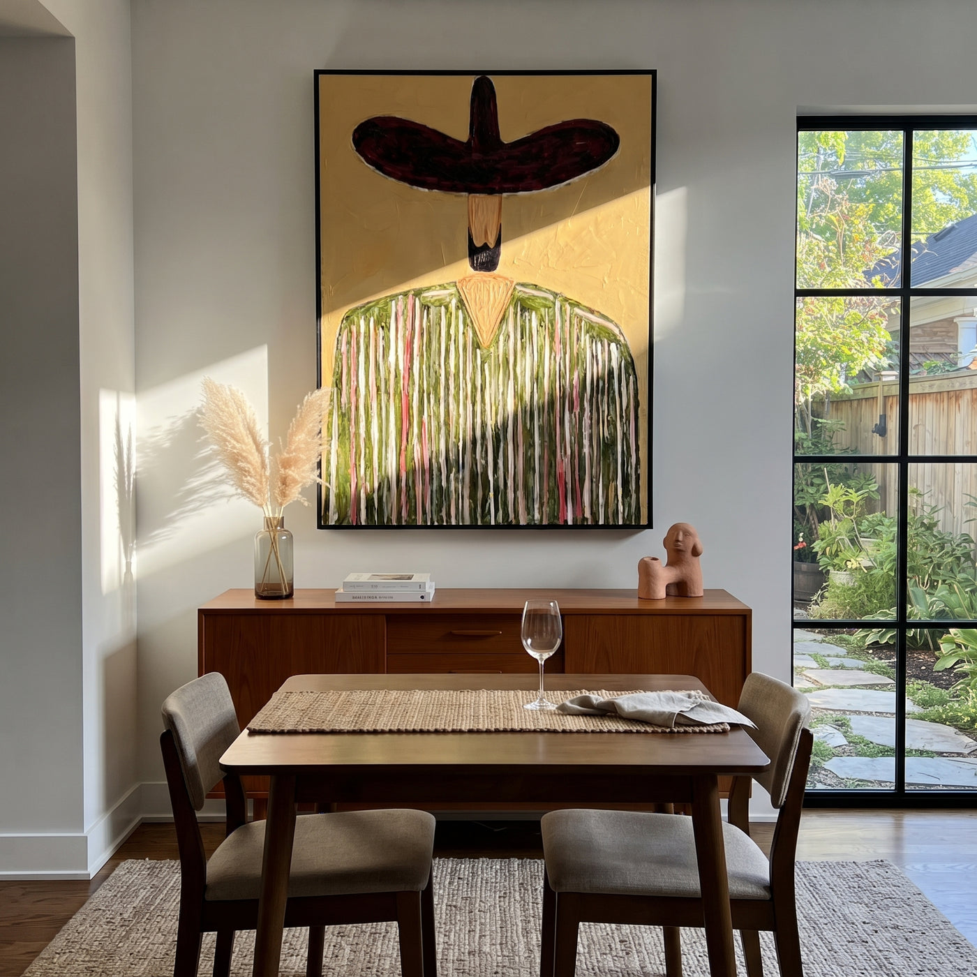 Wine Brim Guards Grain - textured striped sombrero painting by Elliot Vale, modern figurative vertical wall art - styled room scene view 3