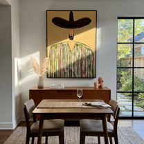 Wine Brim Guards Grain - textured striped sombrero painting by Elliot Vale, modern figurative vertical wall art - styled room scene view 3