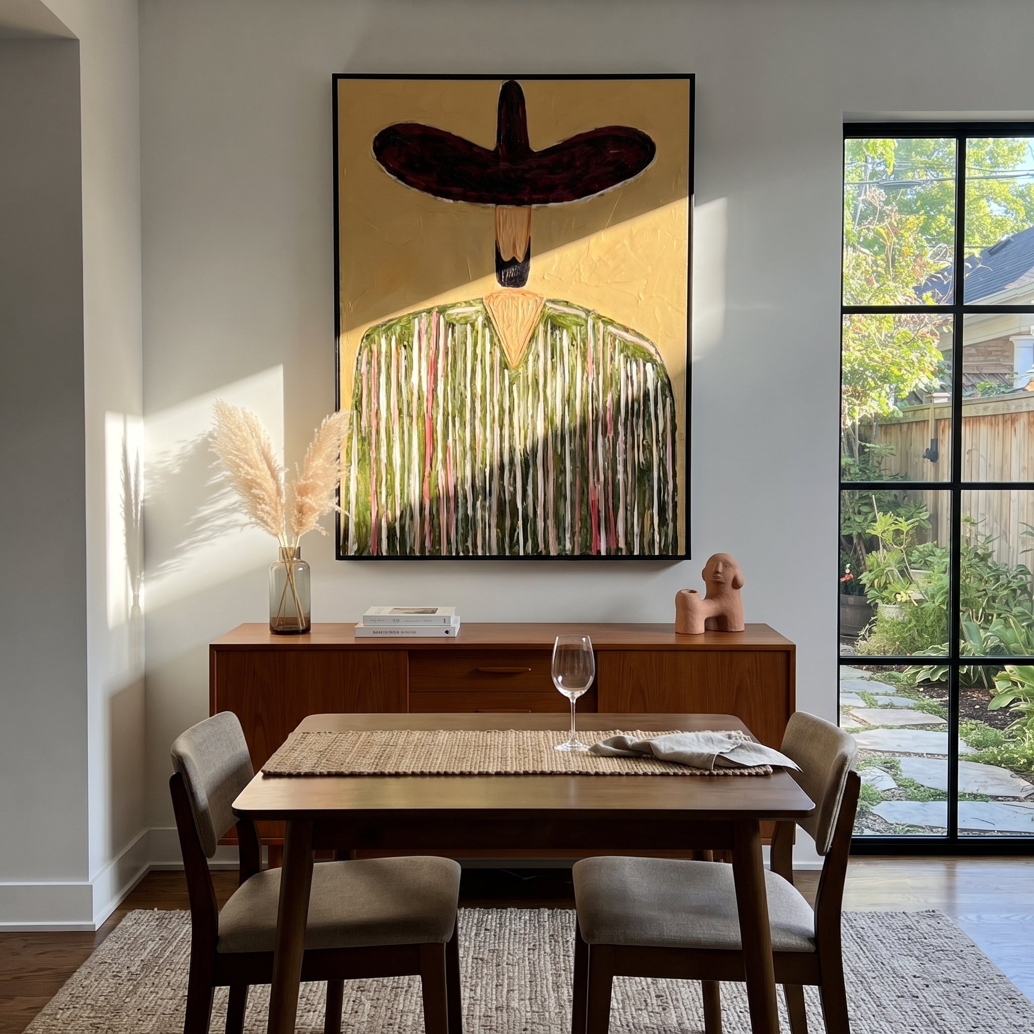 Wine Brim Guards Grain - textured striped sombrero painting by Elliot Vale, modern figurative vertical wall art - styled room scene view 3