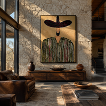 Wine Brim Guards Grain - textured striped sombrero painting by Elliot Vale, modern figurative vertical wall art - styled room scene view 4