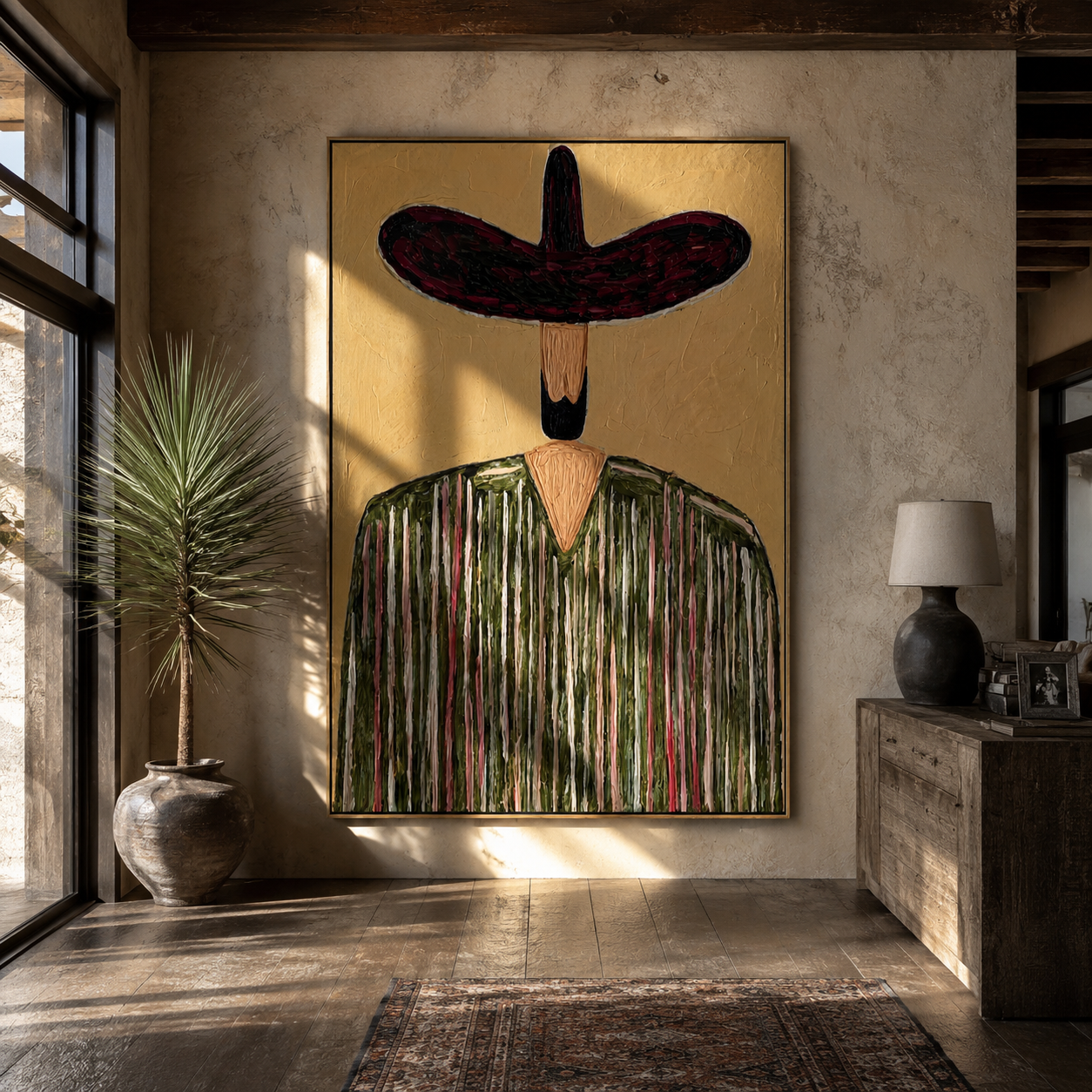 Wine Brim Guards Grain - textured striped sombrero painting by Elliot Vale, modern figurative vertical wall art - styled room scene view 5