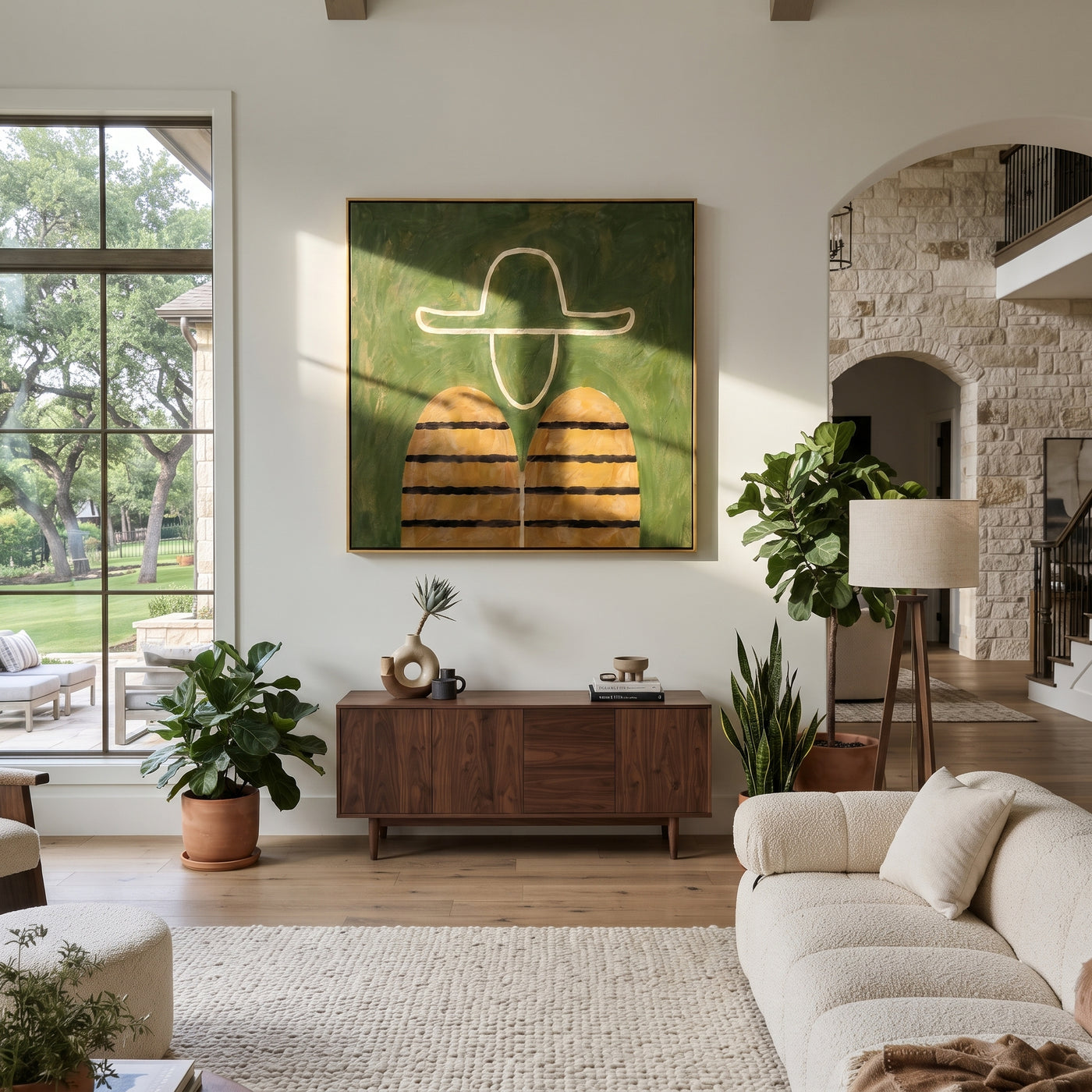 White Outline Floats Green - minimal hat figure painting by Elliot Vale, modern figurative square wall art - styled room scene view 1