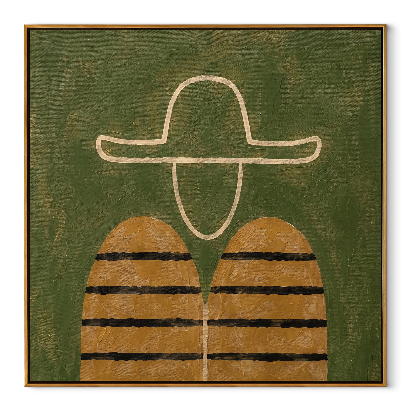 White Outline Floats Green - minimal hat figure painting by Elliot Vale, modern figurative square wall art - framed artwork on white background