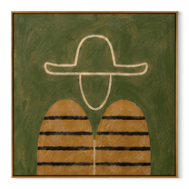White Outline Floats Green - minimal hat figure painting by Elliot Vale, modern figurative square wall art - framed artwork on white background
