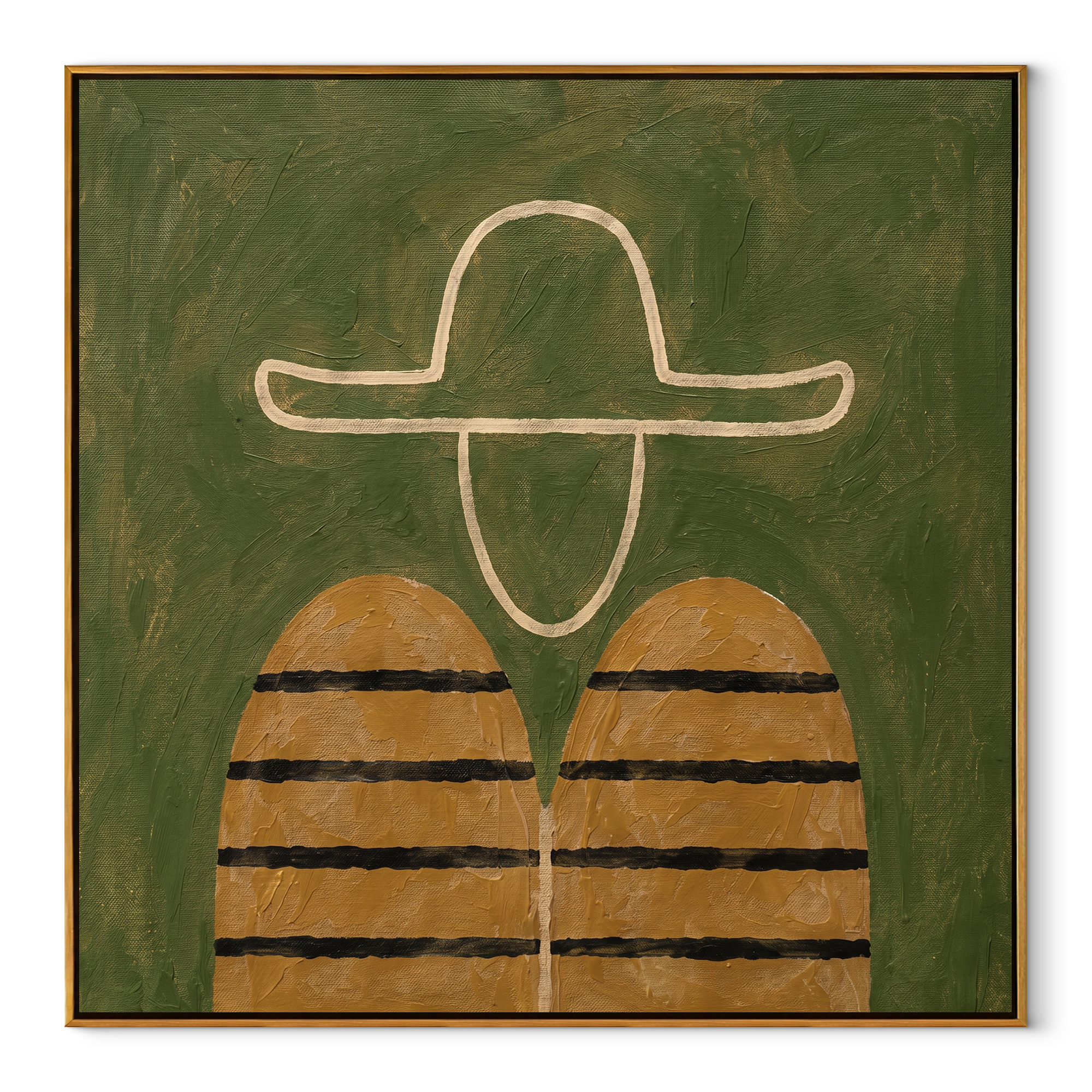 White Outline Floats Green - minimal hat figure painting by Elliot Vale, modern figurative square wall art - framed artwork on white background