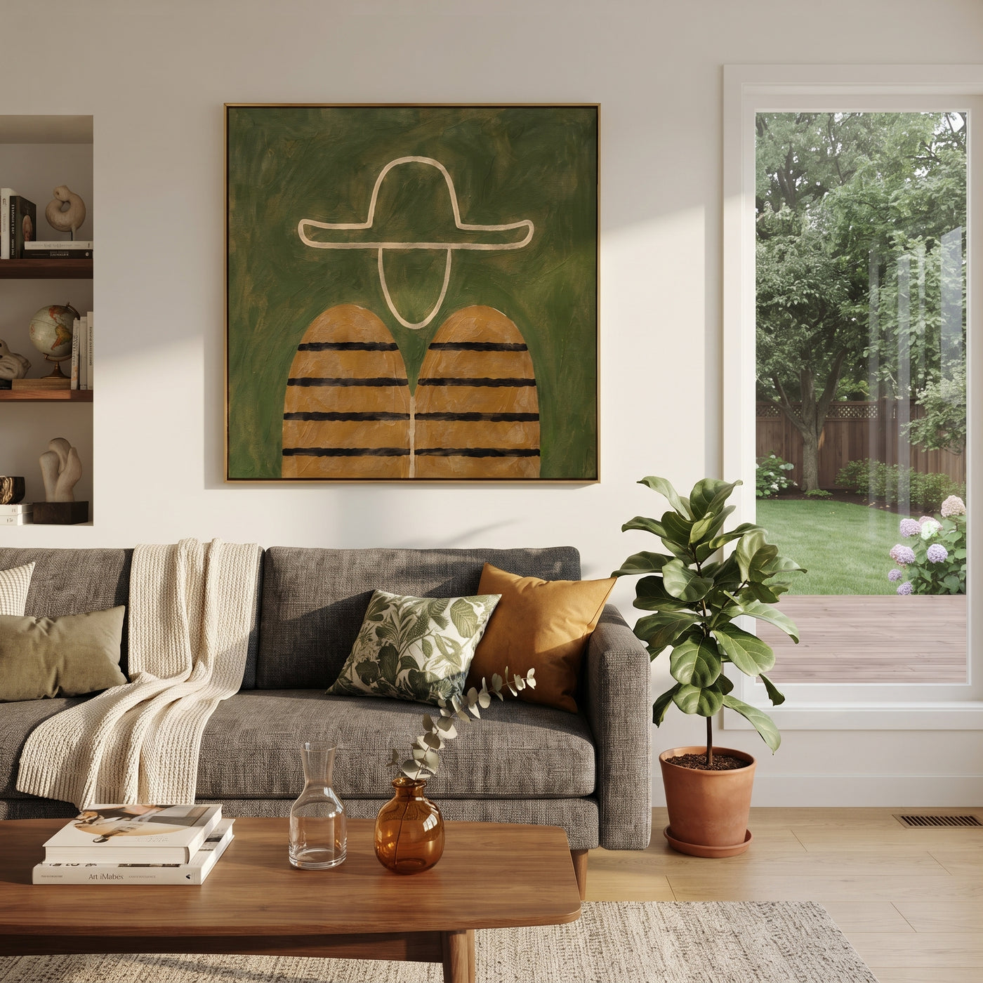 White Outline Floats Green - minimal hat figure painting by Elliot Vale, modern figurative square wall art - styled room scene view 2