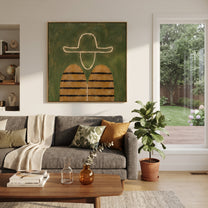 White Outline Floats Green - minimal hat figure painting by Elliot Vale, modern figurative square wall art - styled room scene view 2
