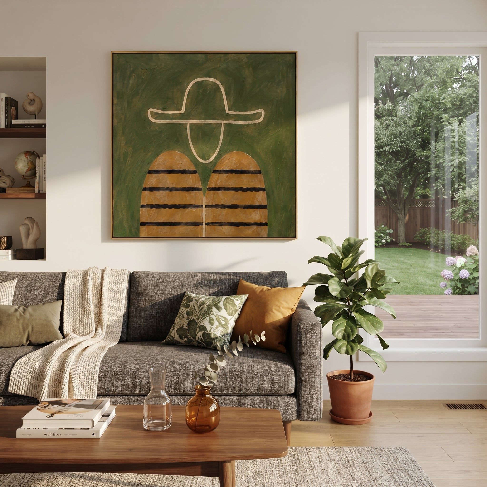 White Outline Floats Green - minimal hat figure painting by Elliot Vale, modern figurative square wall art - styled room scene view 2