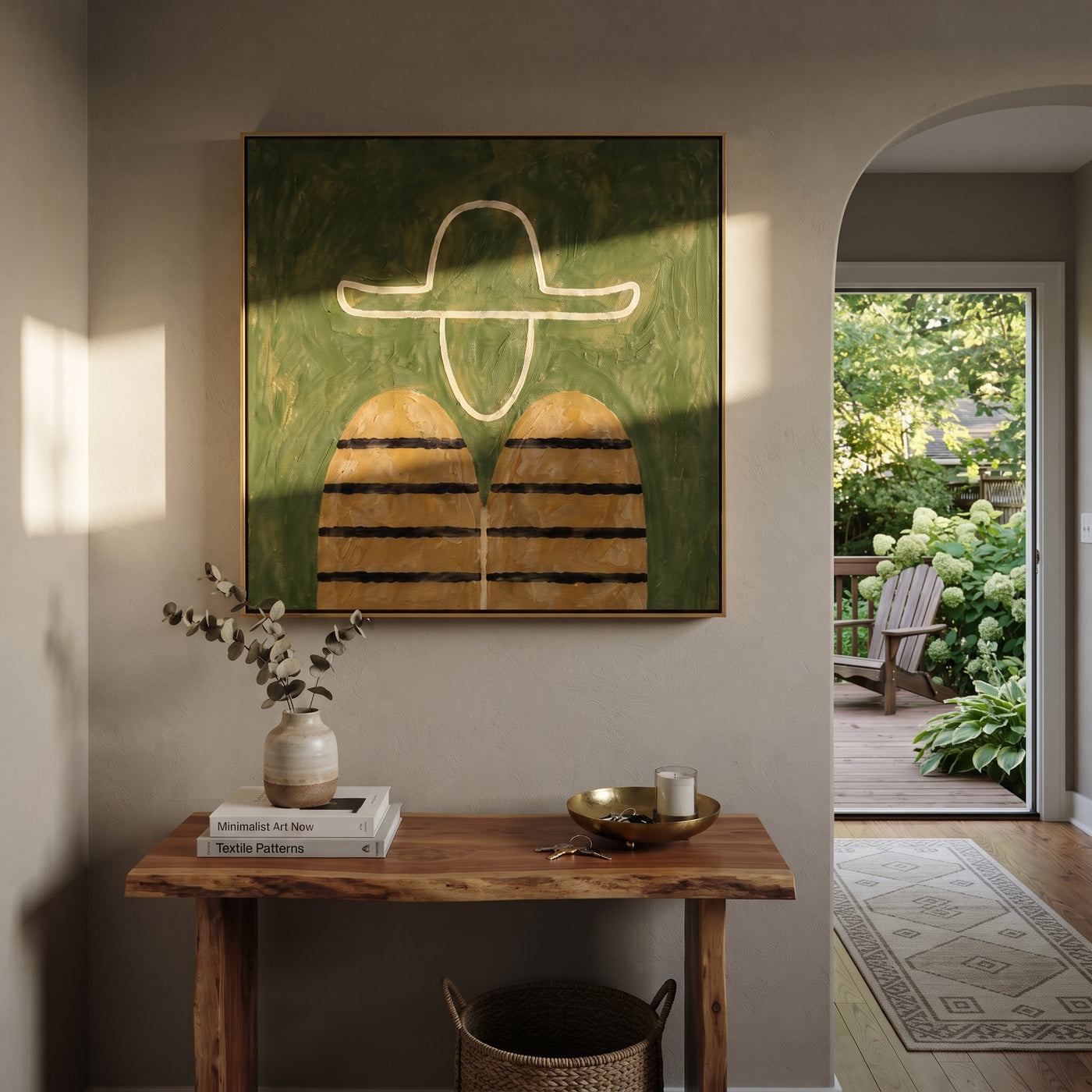 White Outline Floats Green - minimal hat figure painting by Elliot Vale, modern figurative square wall art - styled room scene view 3