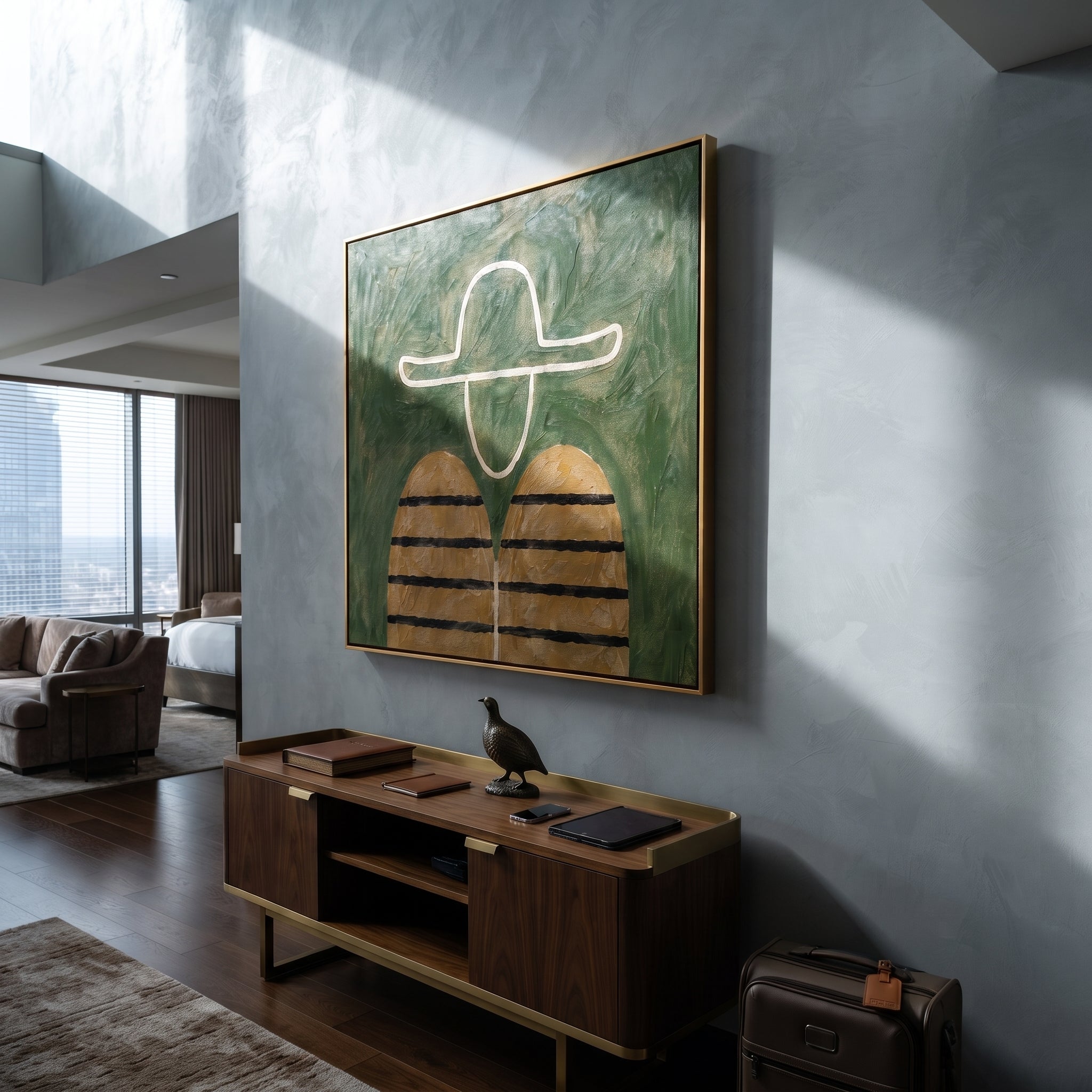 White Outline Floats Green - minimal hat figure painting by Elliot Vale, modern figurative square wall art - styled room scene view 4