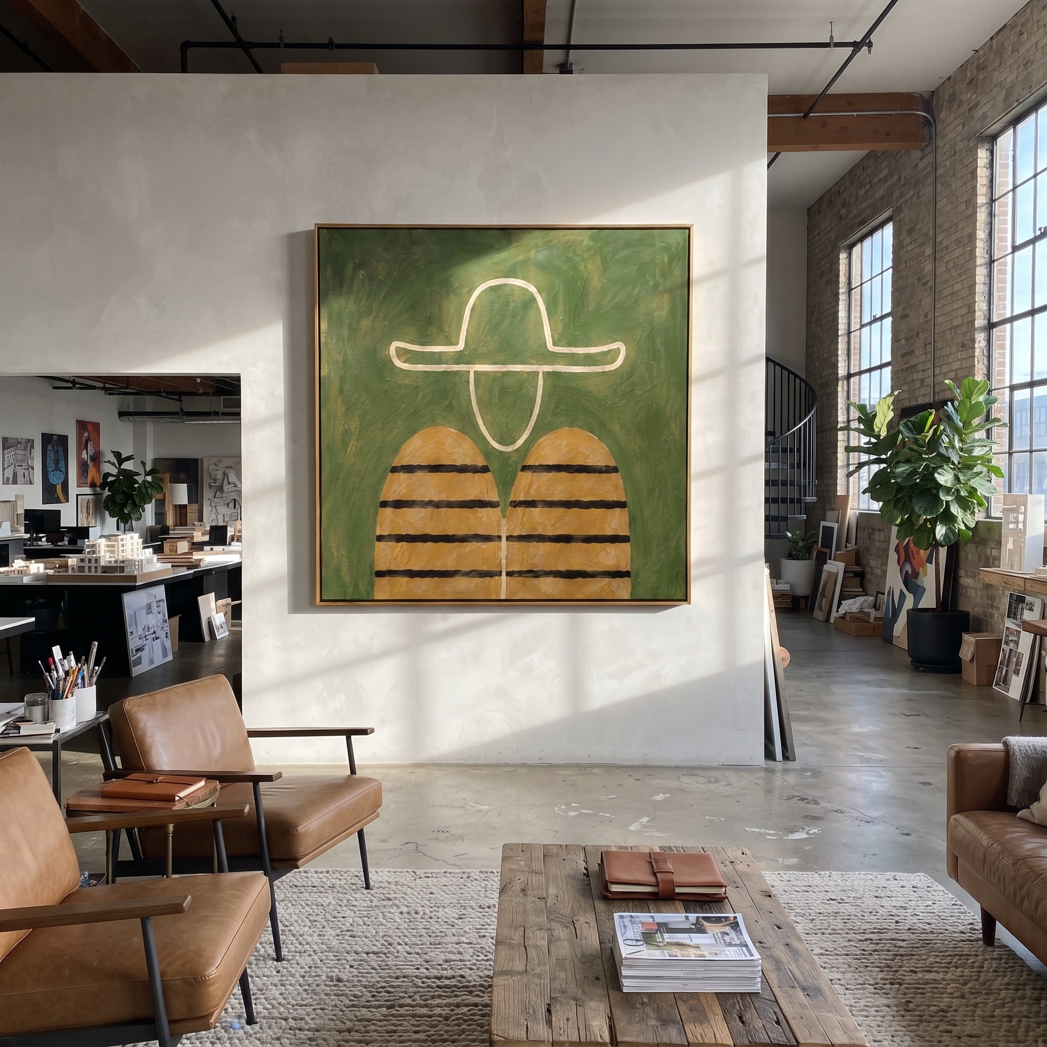 White Outline Floats Green - minimal hat figure painting by Elliot Vale, modern figurative square wall art - styled room scene view 5
