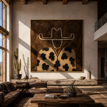 Flower Coat Meets Umber - floral western figure painting by Elliot Vale, modern figurative square wall art - styled room scene view 1