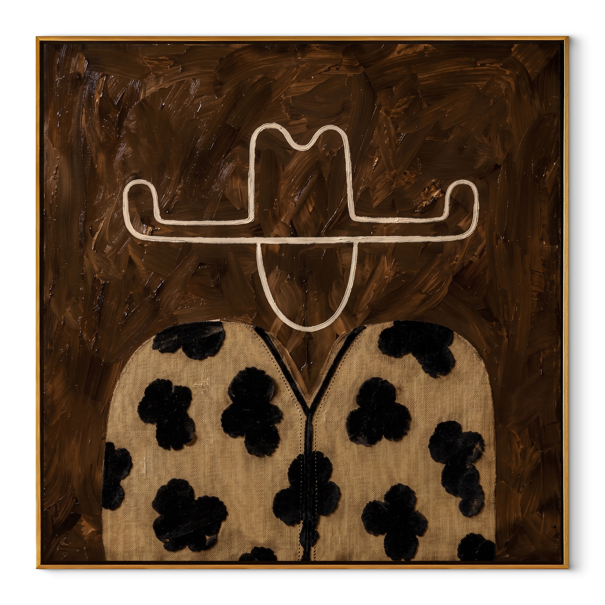Flower Coat Meets Umber - floral western figure painting by Elliot Vale, modern figurative square wall art - framed artwork on white background