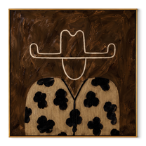 Flower Coat Meets Umber - floral western figure painting by Elliot Vale, modern figurative square wall art - framed artwork on white background